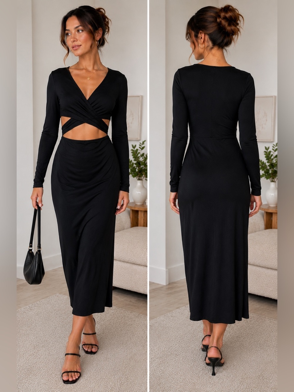 Wilfred Free Aritzia Black Ruched Wrap Midi Dress Long Sleeve Size M